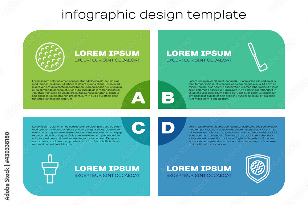 设线高尔夫球座，球，带盾牌和球杆。商业信息图模板。矢量
