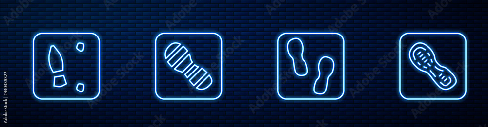 Set line Human footprints shoes, , and . Glowing neon icon on brick wall. Vector