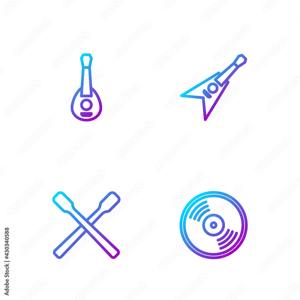 Set line Vinyl disk, Drum sticks, Guitar and Electric bass guitar. Gradient color icons. Vector