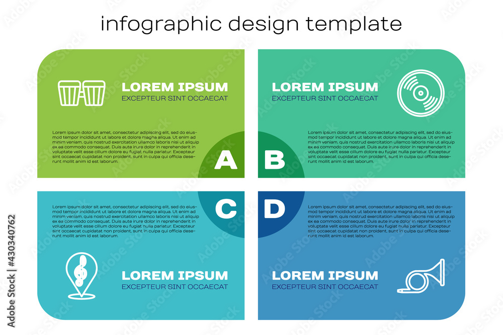 设置线高音、鼓、小号和乙烯基唱片。商业信息图模板。矢量
