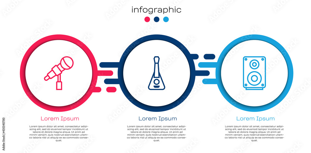 套装麦克风、吉他和立体声扬声器。商业信息图模板。矢量