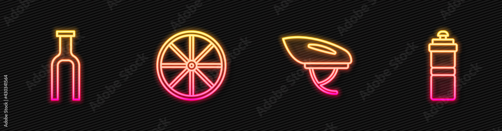 Set line Bicycle helmet, fork, wheel and Sport bottle with water. Glowing neon icon. Vector