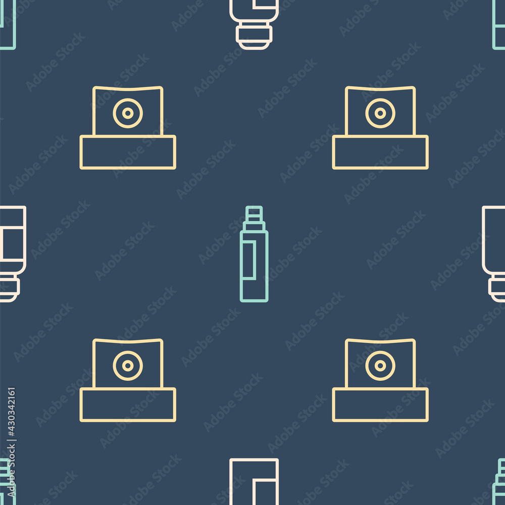 在无缝图案上设置线条油漆、水粉、罐子、染料、喷雾罐喷嘴帽和记号笔。矢量