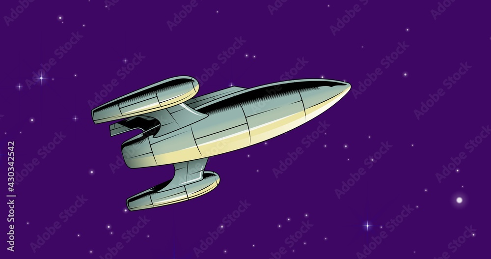 Composition of spaceship over stars on dark purple background