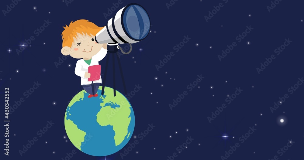 Composition of astronomer with telescope standing on earth over stars on dark blue background