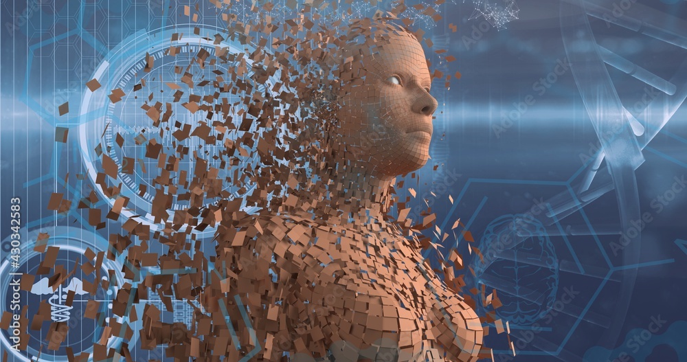 Composition of human model with particles over dna strand, scope scanning and hexagons