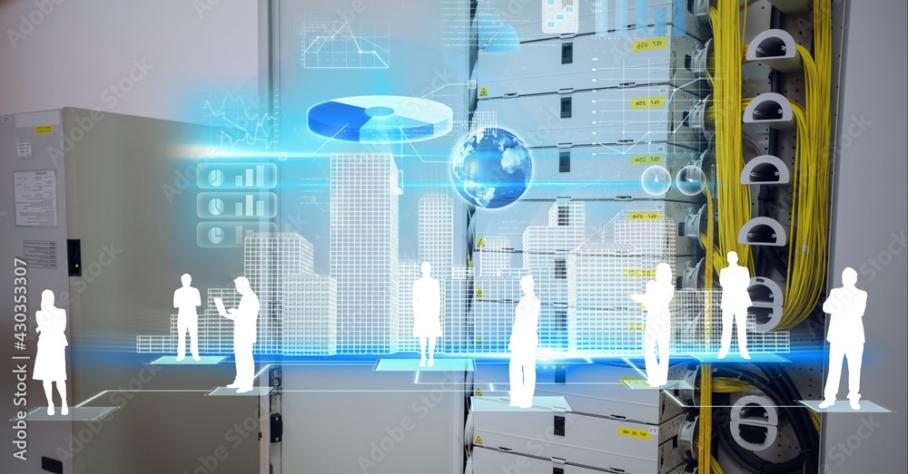 Composition of data processing with people icons over cables and computer servers