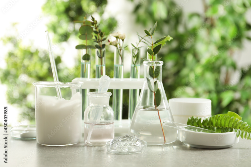 Natural ingredients for cosmetic products and laboratory glassware on grey table against blurred gre