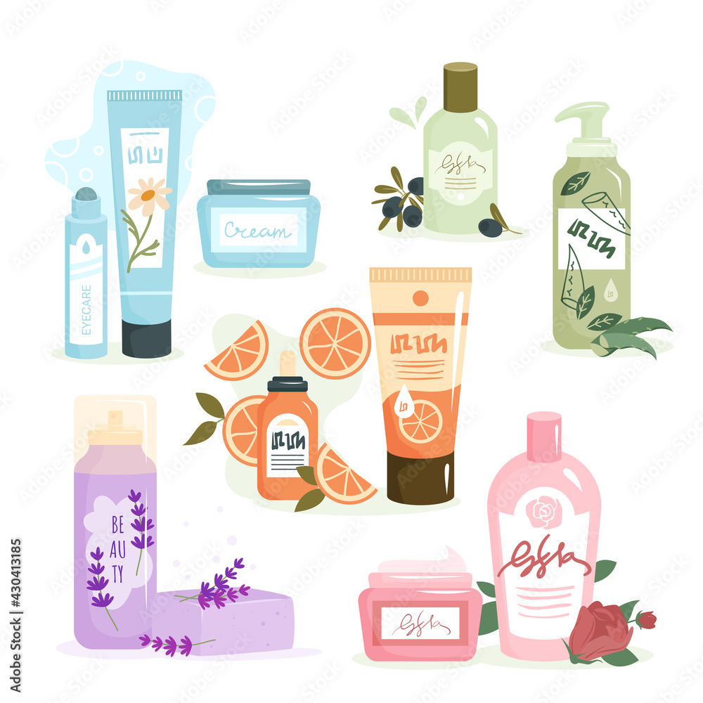 Eco cosmetics for skin care vector illustration. Cartoon organic shampoo aroma cleanser container, p