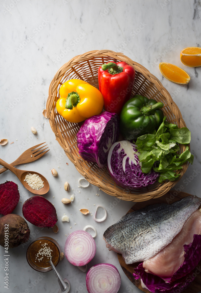 Food ingredients on marble background