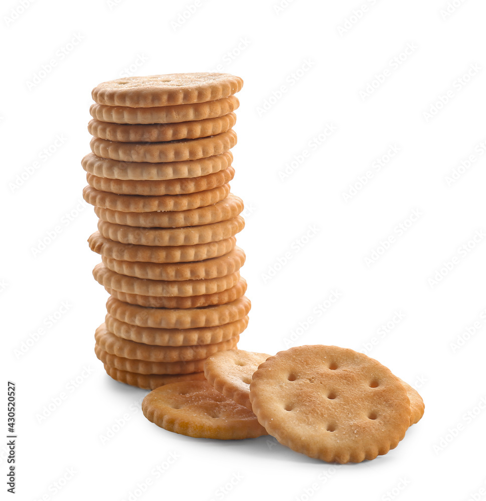 Tasty crackers on white background