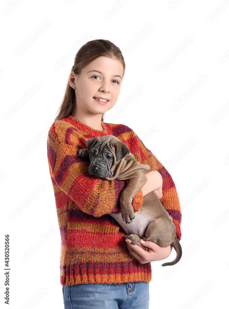 Cute girl with puppy on white background