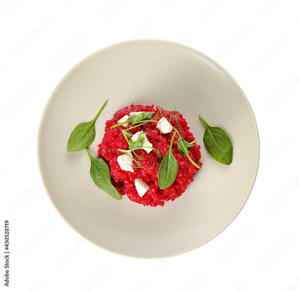 Plate with tasty beet risotto on white background