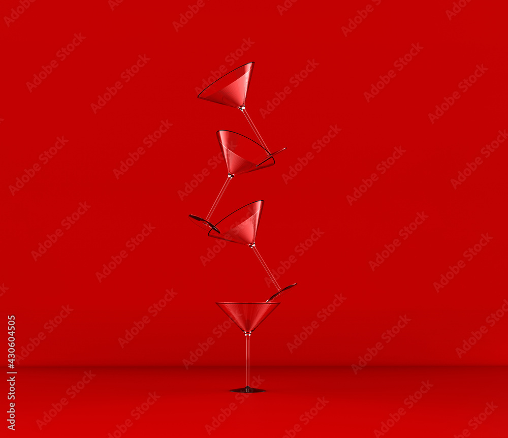 Group of cocktail glass isolated on red background. 3D illustration.