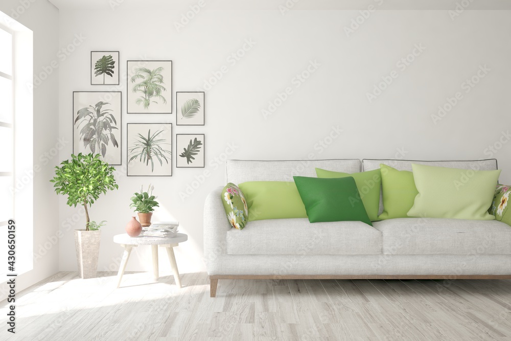 White living room with sofa. Scandinavian interior design. 3D illustration