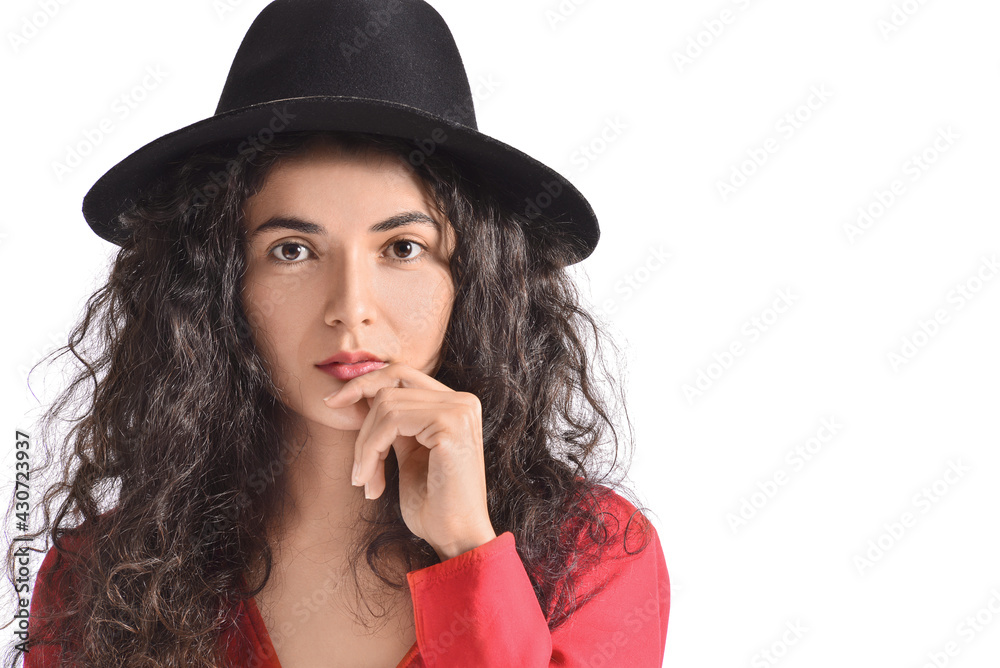 Portrait of fashionable young woman on white background, closeup