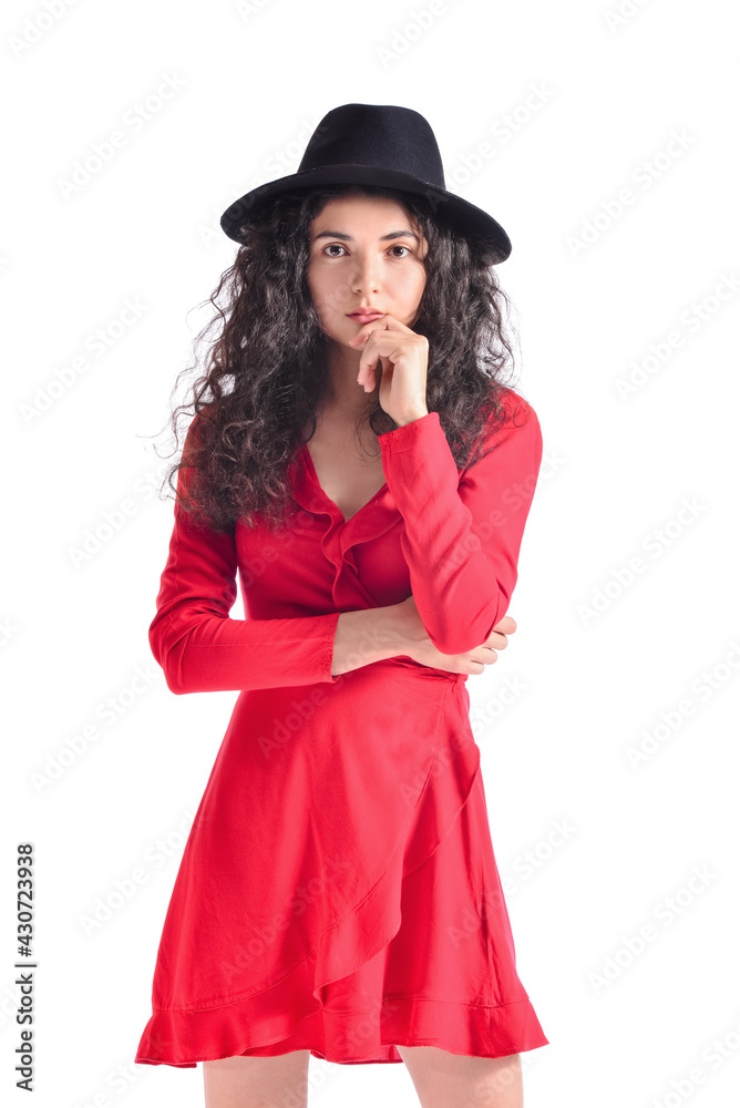 Portrait of fashionable young woman on white background