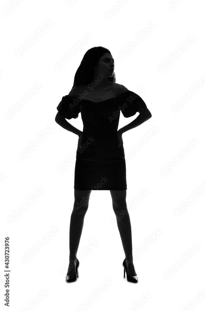 Silhouette of beautiful young woman on white background