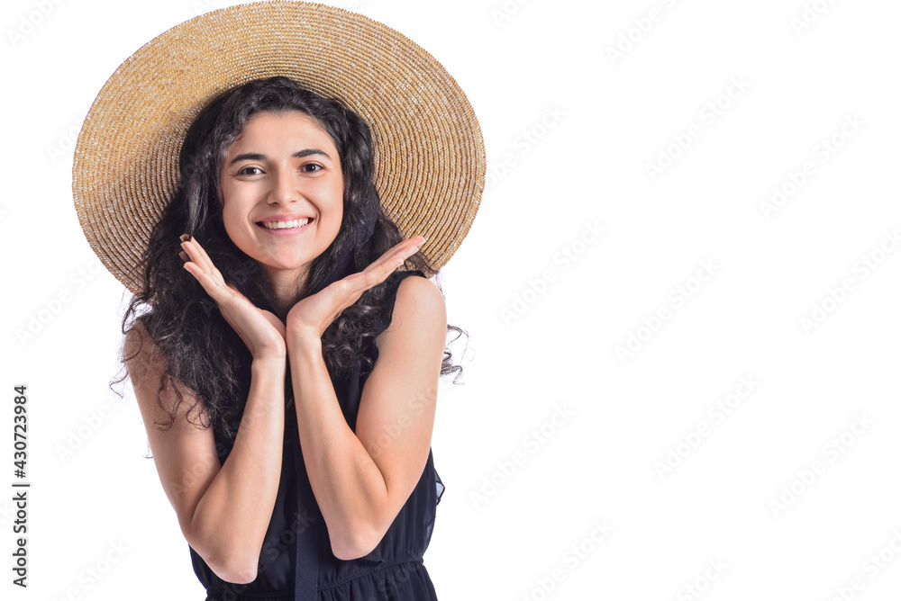 Portrait of fashionable young woman on white background