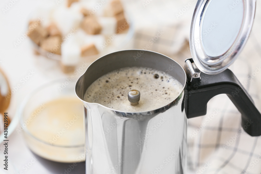 Coffee maker on table in kitchen, closeup