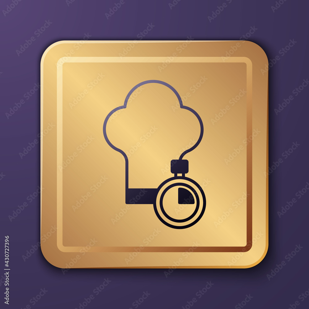 Purple Chef hat icon isolated on purple background. Cooking symbol. Cooks hat. Gold square button. V