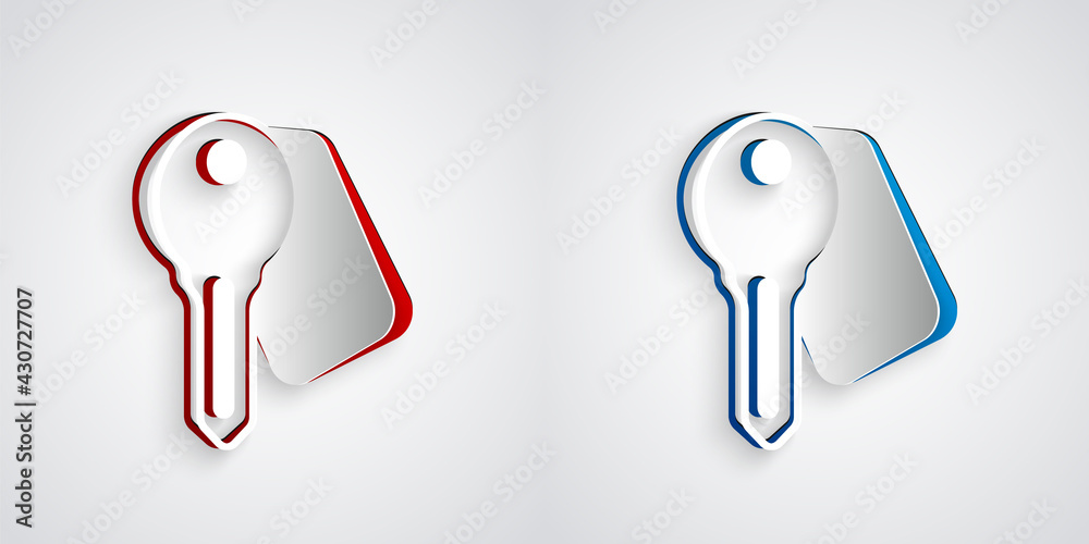 Paper cut Hotel door lock key icon isolated on grey background. Paper art style. Vector