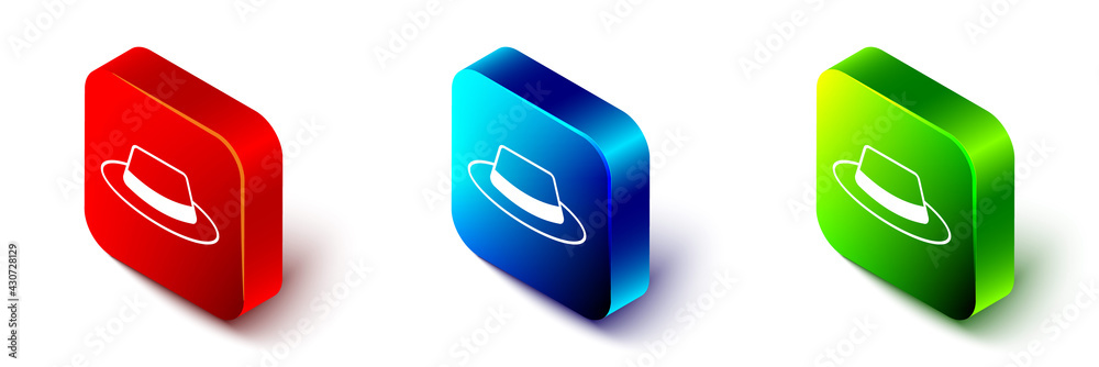 Isometric Man hat with ribbon icon isolated on white background.Red，blue and green square button.等轴测