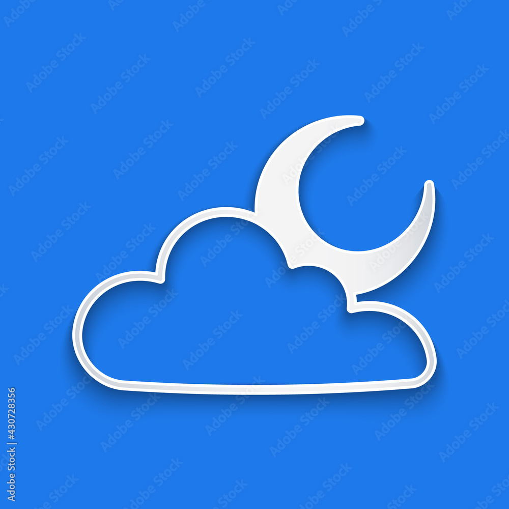 Paper cut Cloud with moon icon isolated on blue background. Cloudy night sign. Sleep dreams symbol. 