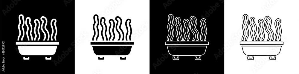 Set Plant in pot icon isolated on black and white background. Plant growing in a pot. Potted plant s