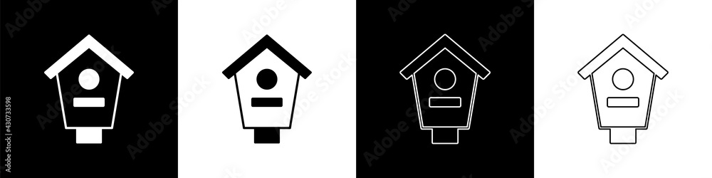 Set Bird house icon isolated on black and white background. Nesting box birdhouse, homemade building