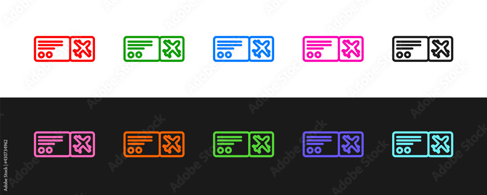 Set line Airline ticket icon isolated on black and white background. Plane ticket. Vector