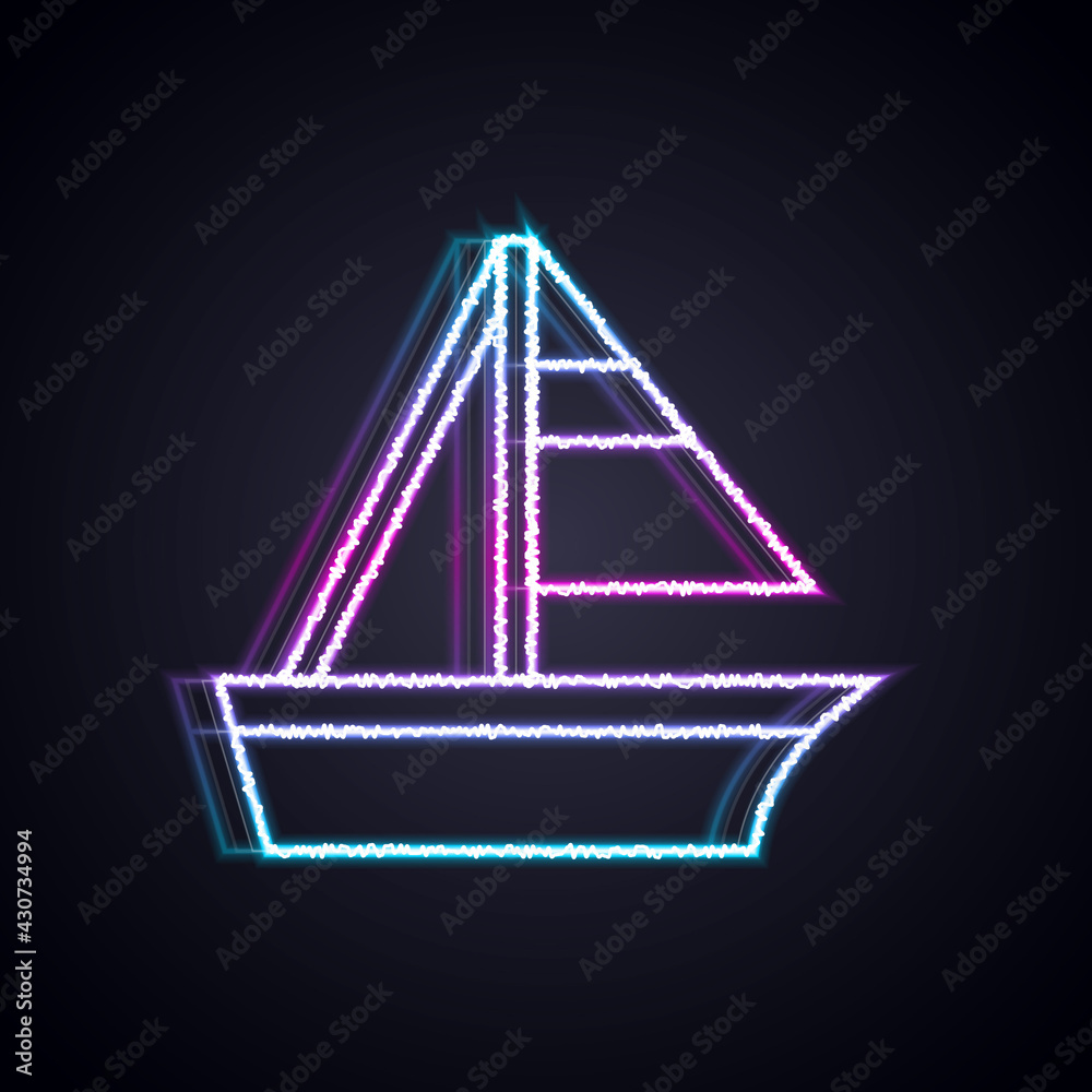 Glowing neon line Yacht sailboat or sailing ship icon isolated on black background. Sail boat marine