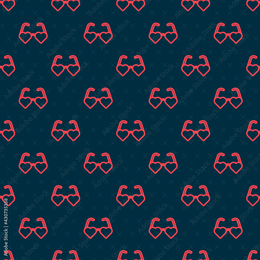 Red line Heart shaped love glasses icon isolated seamless pattern on black background. Suitable for 