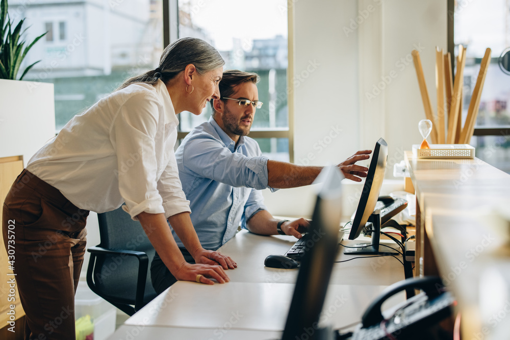 Two business people working together in office