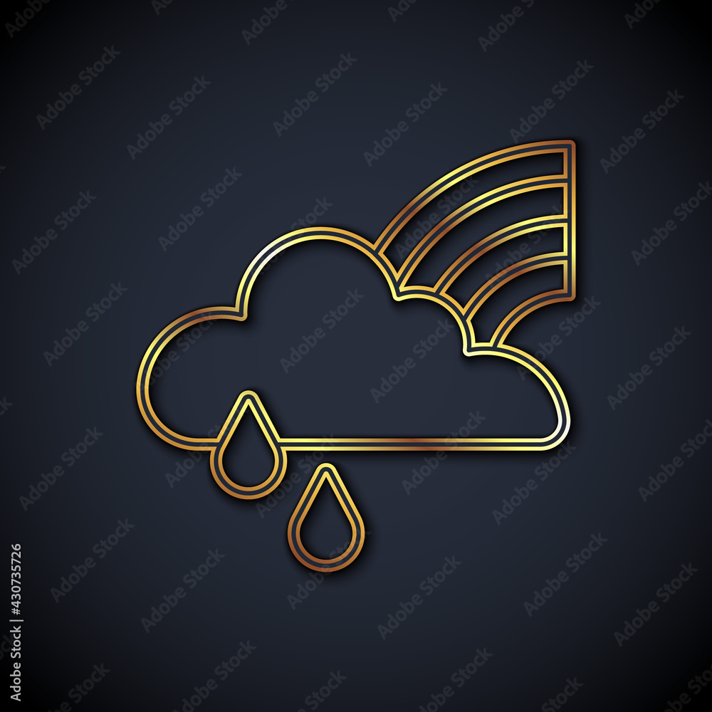 Gold line Rainbow with cloud and rain icon isolated on black background. Vector