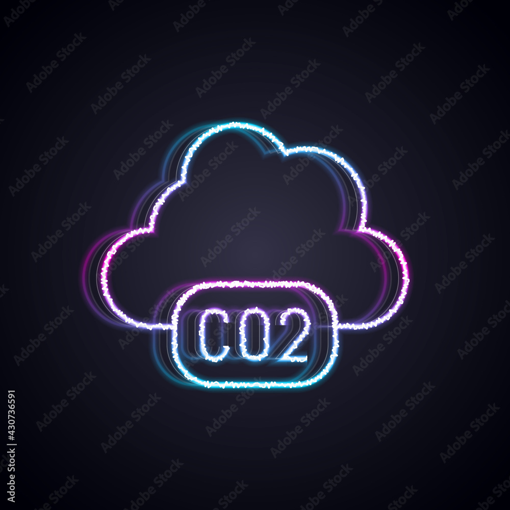 Glowing neon line CO2 emissions in cloud icon isolated on black background. Carbon dioxide formula, 