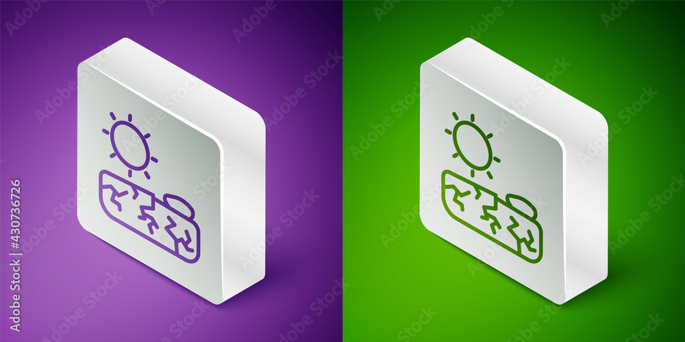 Isometric line Drought icon isolated on purple and green background. Silver square button. Vector