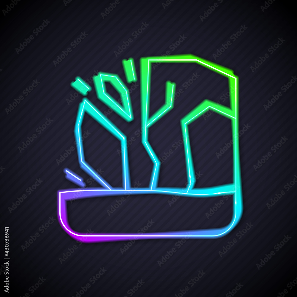 Glowing neon line Glacier melting icon isolated on black background. Vector