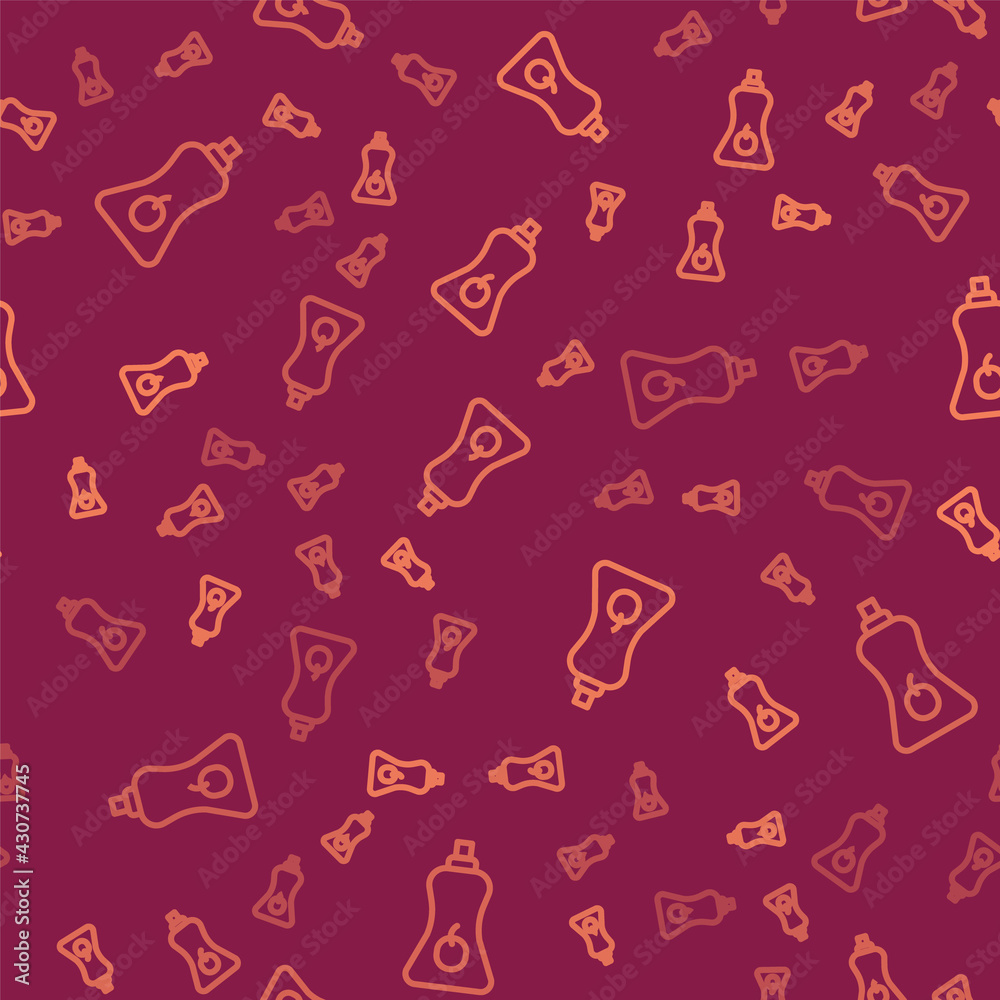 Brown line Sauce bottle icon isolated seamless pattern on red background. Ketchup, mustard and mayon