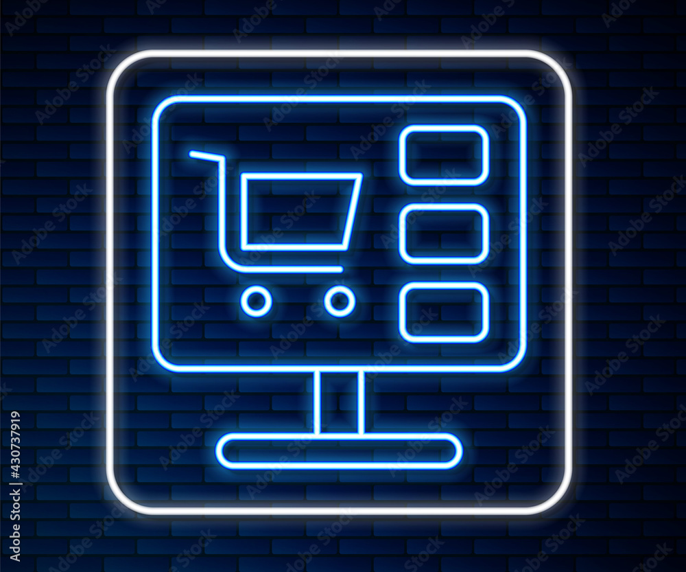 Glowing neon line Shopping cart on screen computer icon isolated on brick wall background. Concept e