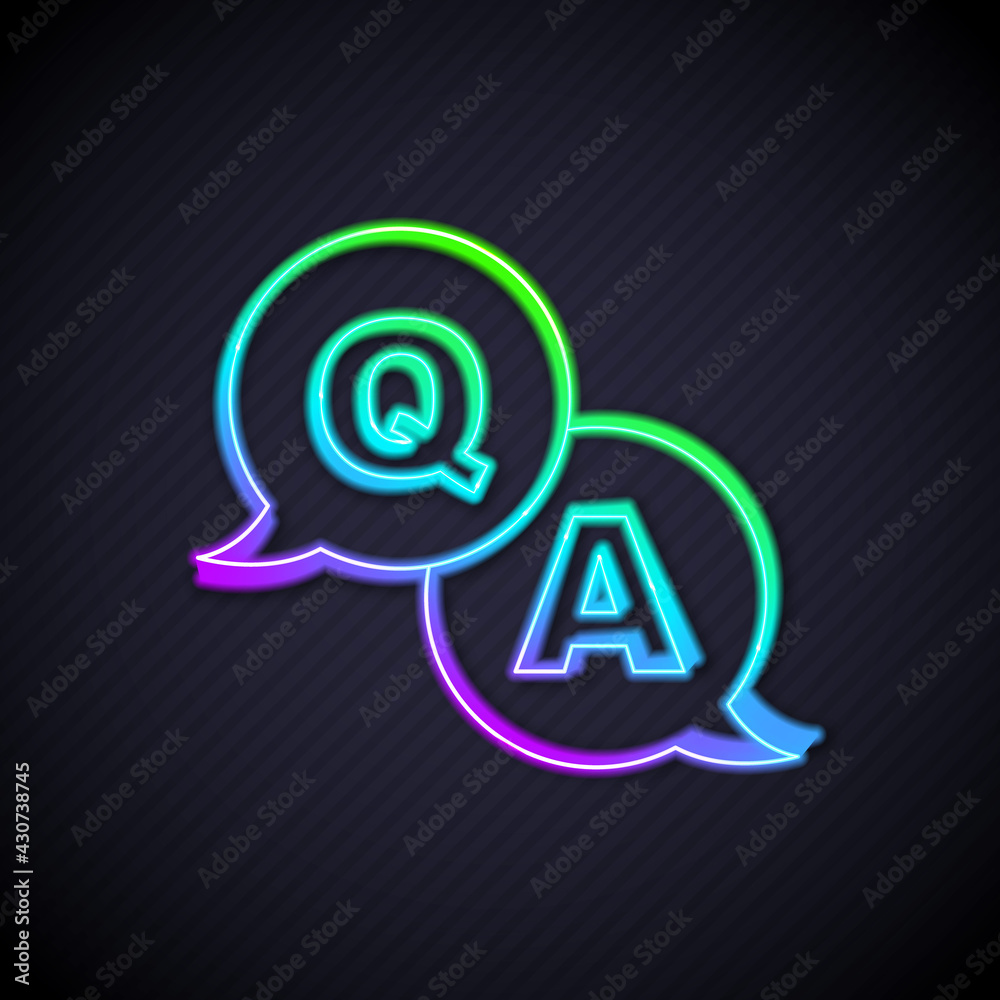 Glowing neon line Speech bubbles with Question and Answer icon isolated on black background. Q and A