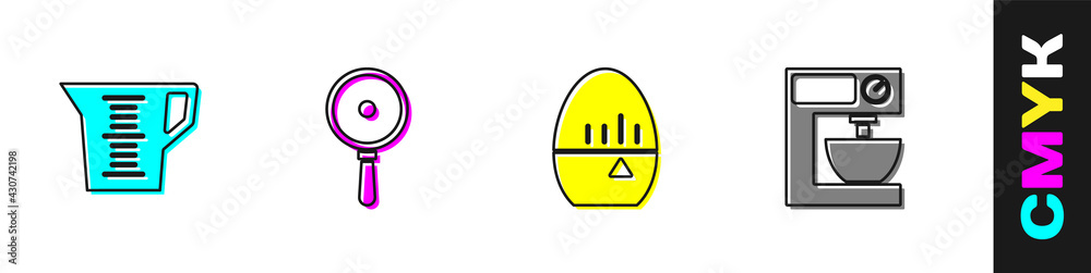 设置量杯、煎锅、厨房计时器和电动搅拌器图标。矢量