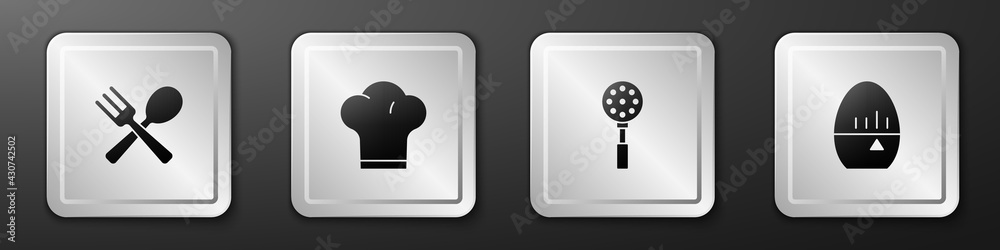 Set Crossed fork and spoon, Chef hat, Spatula and Kitchen timer icon. Silver square button. Vector