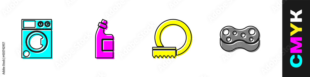 Set Washer, Bottle for cleaning agent, Washing dishes and Sponge icon. Vector