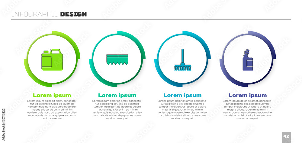 Set Bottle for cleaning agent, Sponge, Handle broom and . Business infographic template. Vector