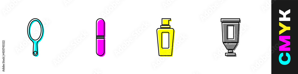 Set Hand mirror, Nail file, Bottle of shampoo and Cream lotion cosmetic tube icon. Vector