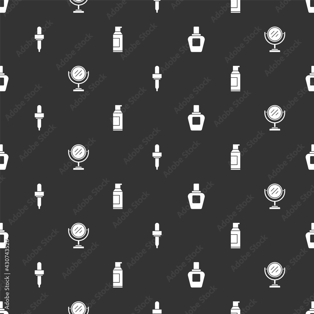 Set Perfume, Round makeup mirror, Pipette and Spray can for hairspray on seamless pattern. Vector