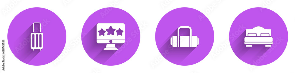 Set Suitcase, Five stars rating review, and Hotel room bed icon with long shadow. Vector