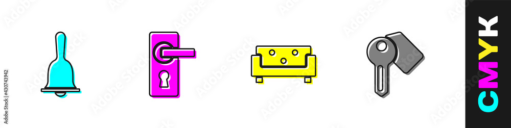 Set Hotel service bell, Door handle, Sofa and door lock key icon. Vector