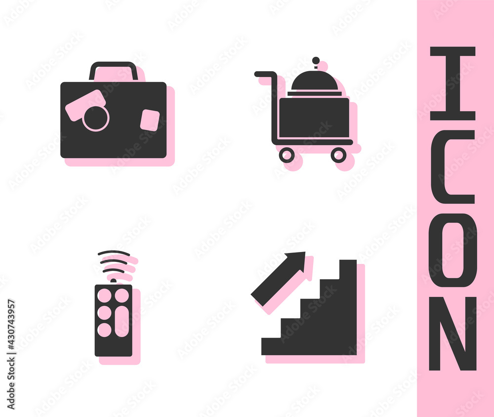 Set Stairs up, Suitcase, Remote control and Covered with tray icon. Vector